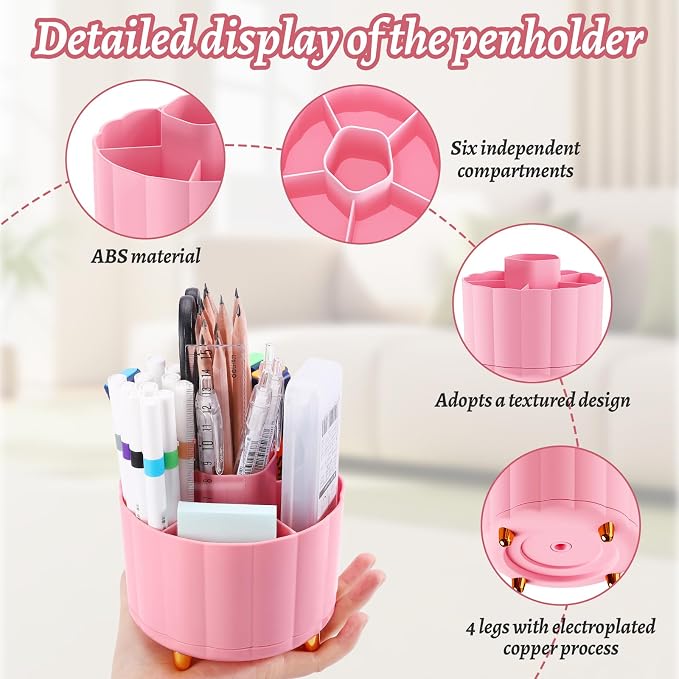 360 Rotating Desk Organizer for Women, 6 Compartment Pen Holder, Cute Pencil Cup & Marker Organizer, Office Desk Accessories, Aesthetic Desk Decor, Workspace Organizers (Pink)