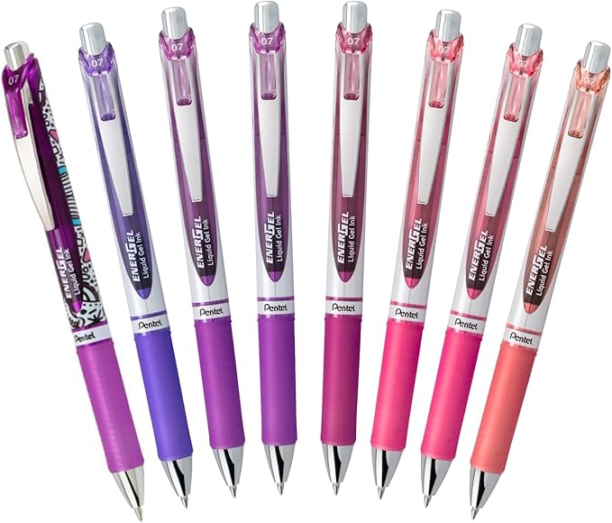 Pentel EnerGel RTX Retractable Liquid Gel Pen, Passion Expressions Pack, 0.7mm, Metal Tip, Medium Line, Assorted Ink, Pack of 8 Pens (BL77XPASBP8M)