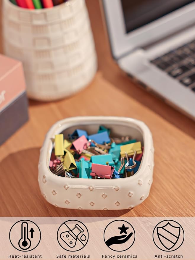 Ceramic Paper Clip Holder Set of 2, Paper Clip Organizer (Vintage White)