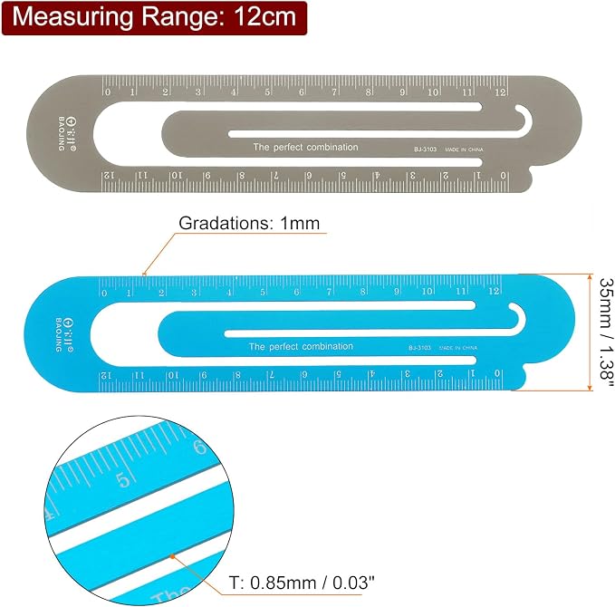 HARFINGTON Straight Ruler 12cm Metric Bookmark Clip Ruler Metal Aluminum Alloy Scale on Both Sides Measuring Scale Tool for Measure Study Reading Classroom Office, Blue & Brown