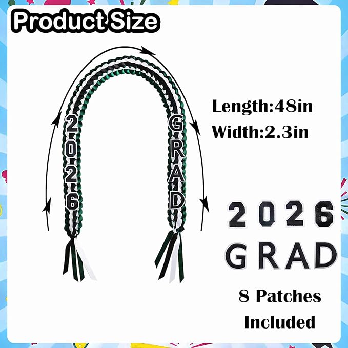 Graduation Leis 2026 Money Ribbon Leis for Graduation Class of 2026 Braided 48inch Graduation Necklace for High School,College Graduation Party Gifts,Green,White and Black