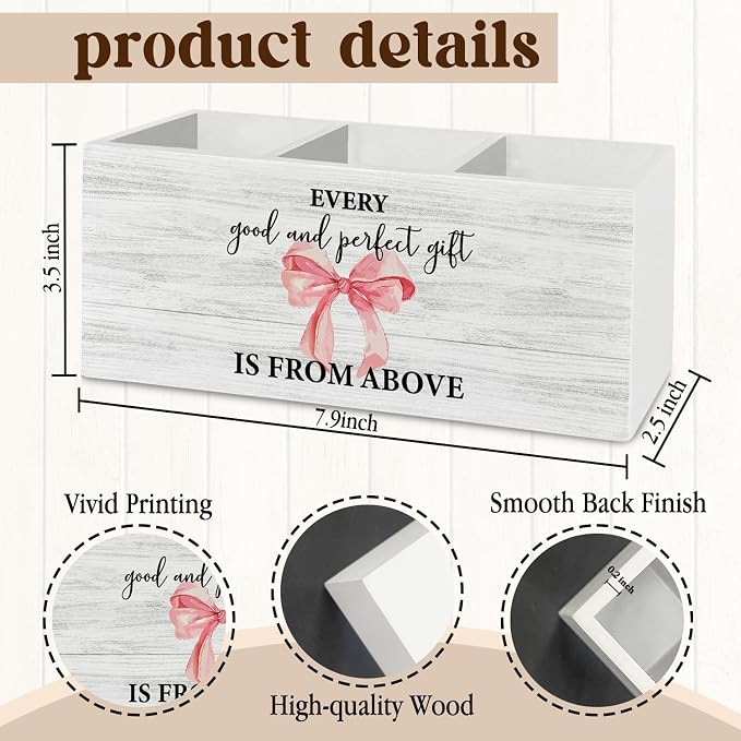 Pink Coquette Bow Christian Pen Pencil Holder Organizer for Desk Accessories, Preppy Bible Verse Wooden Box Sign Desk Decor for Girly Room Bedroom Dorm Decoration, Christian Gifts for Women