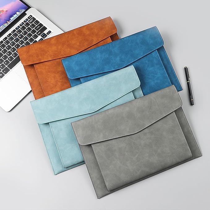 PU Leather A4 File Folder Document Holder with 2 Compartments Envelope Folder Case with Snap Closure for Receipt Contract (Brown)