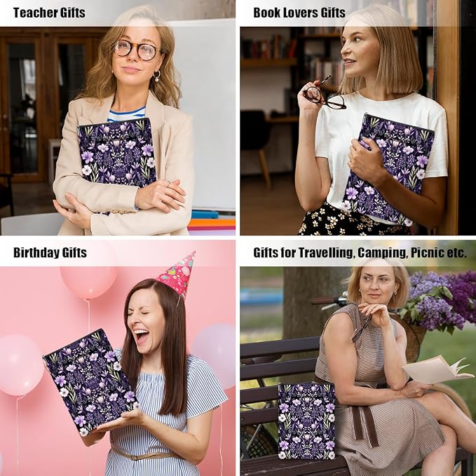 Book Lovers Book Sleeve, Book Accessories Bookish Gifts Book Gifts Friendship Christmas Birthday Gifts for Women Floral Lovers Teacher Mom, Aesthetic Book Pouch Book Protector, Purple Flowers