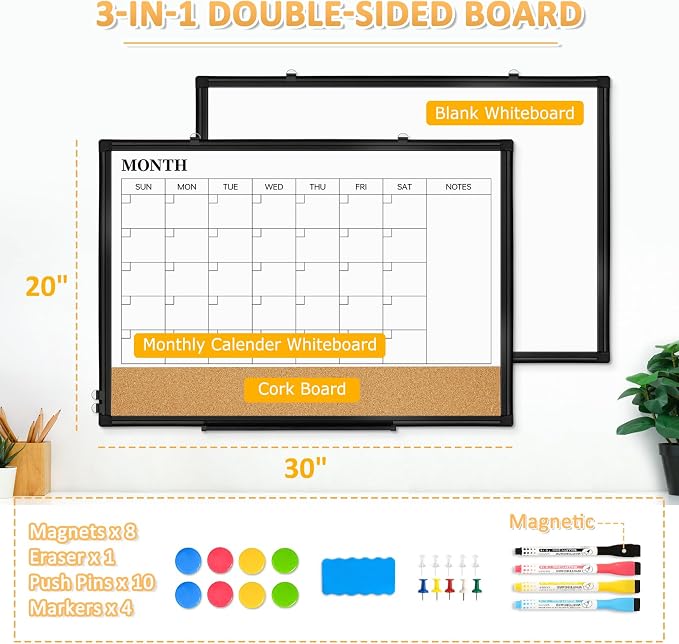 Dry Erase Calendar Whiteboard for Wall, 30"x20" Magnetic Monthly White Board Cork Board Combo, Double Sided, Black Aluminum Frame, Wall Hanging Wipe Board for Home, Office, School, Dorm