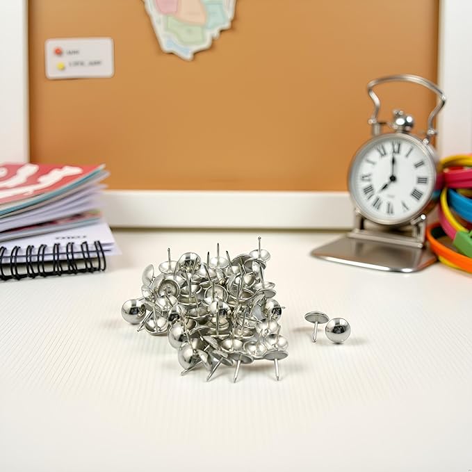 50Pcs Silver Pushpins Metal Thumb Tacks Round Head Nail Pins Map for Home Use and Tacks,Tape, Adhesives and Fasteners Office and School Supplies