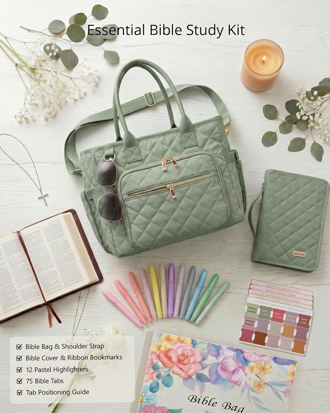 BellaHold Large Bible Bag with Bible Cover Case for Women, Church Bag with Bible Study Supplies & Shoulder Strap, Quilted Bible Tote Bag, Christian Gift for Women, Green