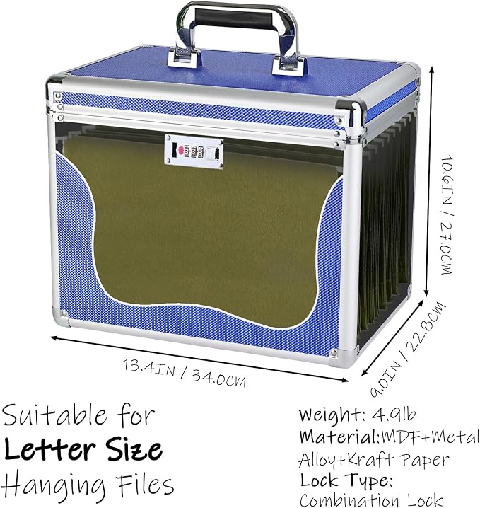 File Storage Cabinet for Letter Size Hanging File Folders, Suspension File Holder, Document Organizer Filing Lockbox in Office and Home with Combination Lock and 10-pack Hanging Files (Blue, Letter)