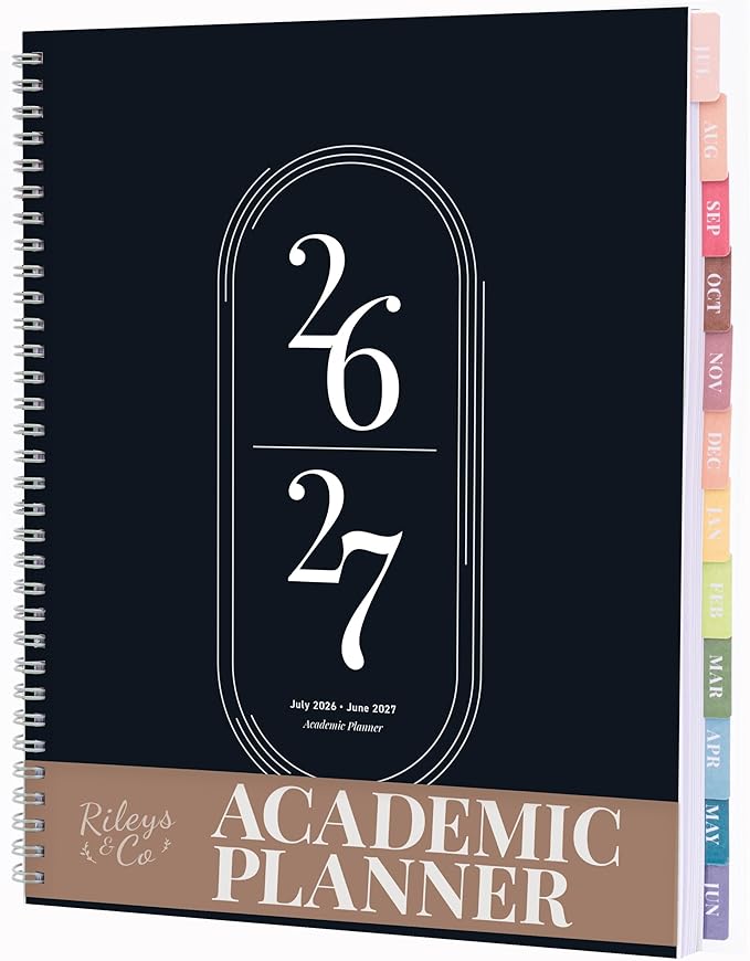 Rileys Academic Planner 2026-2027, Daily, Weekly & Monthly Planner, July 2026 - June 2027, Student Notes Pages, Twin-Wire Binding, Weekly Agenda for School & Work (8.5 x 11-Inches, Black)