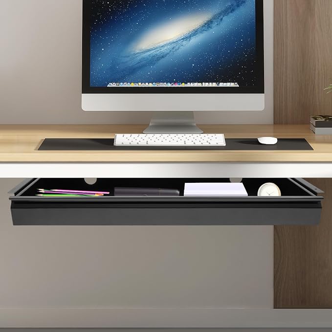 30 Inch Under Desk Mounted Sliding Pull-out Drawer Storage for Sit Stand Workstation Office(Applicable Table Thickness: 0.79in) Black