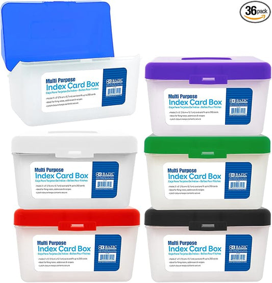 BAZIC Products Index Card File Box, 3 x 5 in, Holds 250 Cards, Latch Lid, for Study Office Recipes, Case of 36
