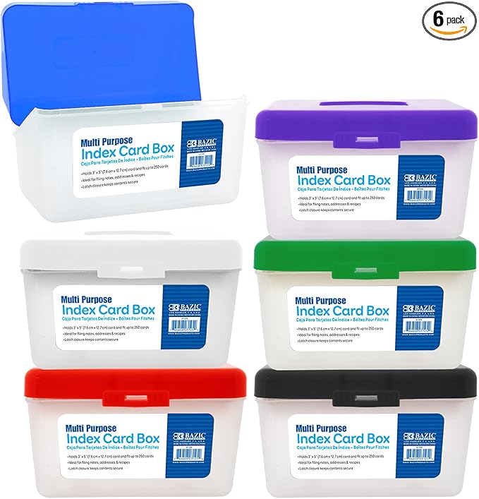 BAZIC Products Index Card File Box, 3 x 5 in, Holds 250 Cards, Latch Lid, for Study Office Recipes, Set of 6