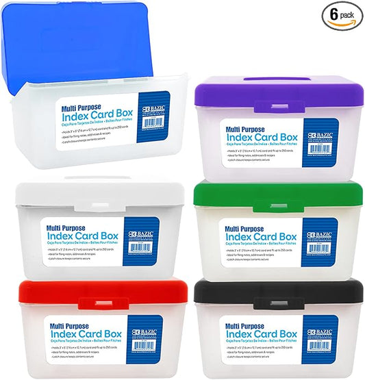 BAZIC Products Index Card File Box, 3 x 5 in, Holds 250 Cards, Latch Lid, for Study Office Recipes, Set of 6
