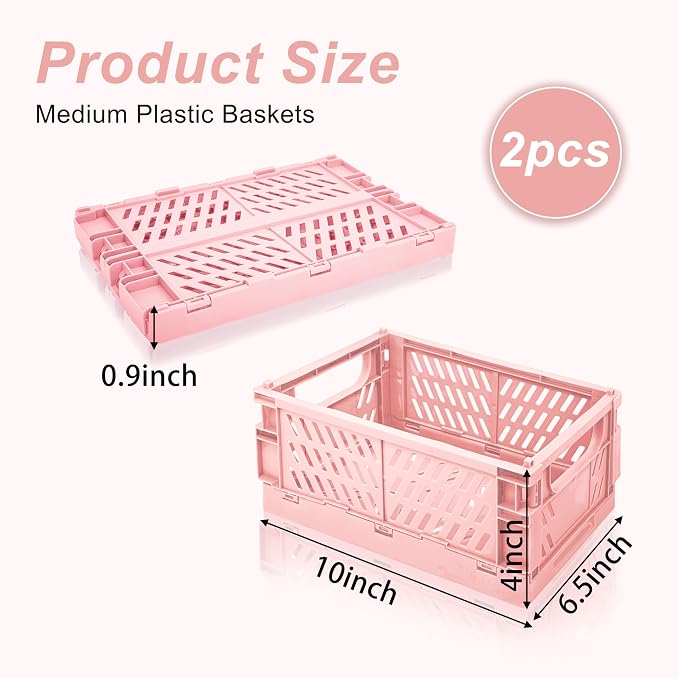 2 Pack Mini Foldable Small Plastic Baskets for Organizing and Storage，Collapsible Storage Crates,Mini Bins for Home Kitchen Bedroom Bathroom Office (Pink, Large 10x6.5x4)