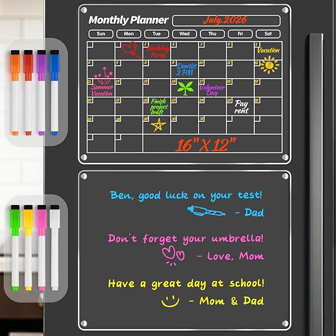 FINDMAG Acrylic Magnetic Dry Erase Board Calendar for Refrigerator, Magnetic Whiteboard for Fridge, 16"x12" Monthly Magnet Calendar for Refrigerator with 8 Colorful Highlight Markers
