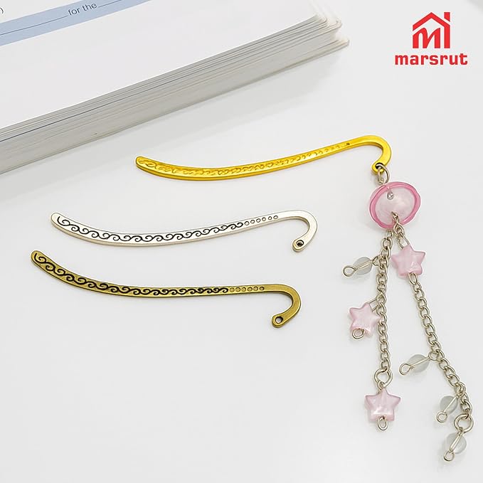 60pcs Metal Bookmark Hooks with Beaded Blanks, Vintage Retro Beading Line Tibetan Carving Pattern Alloy Hook Bookmarks with Hole for Stationery, Reading Enthusiasts, Teacher, DIY, Gifts