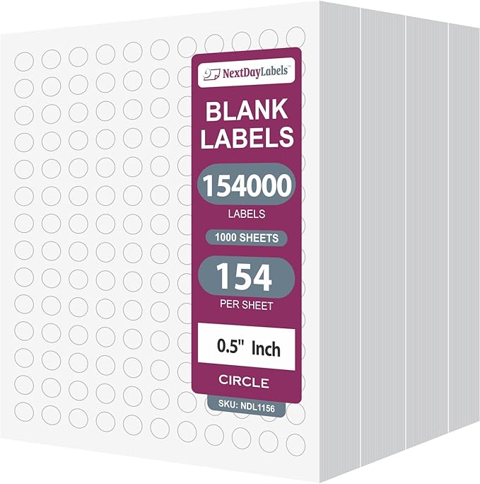 NextDayLabels 0.5 Inch Round Circle Stickers White Blank Labels for Laser Inkjet Printer - 154 Per Sheet Self-Adhesive Color Coding Made in USA - 154,000 Labels