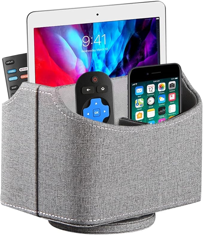 360° Rotating Remote Control Holder, PU Leather TV Remote Caddy Organizer Basket Storage Box with 5 Compartments for Pen, Pencil, Art Supplies, Makeup Brush, Office Desk Table Accessories