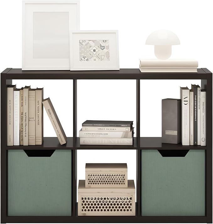 Furinno Cubicle Book Shelf, 6-Cube Bookshelf, Extra Thick Frame Horizontally & Vertically Reversible Bookcase with Open Back, 14.6" x 44" x 30", for Living Room, Bedroom, Home Office, Black Dark Oak