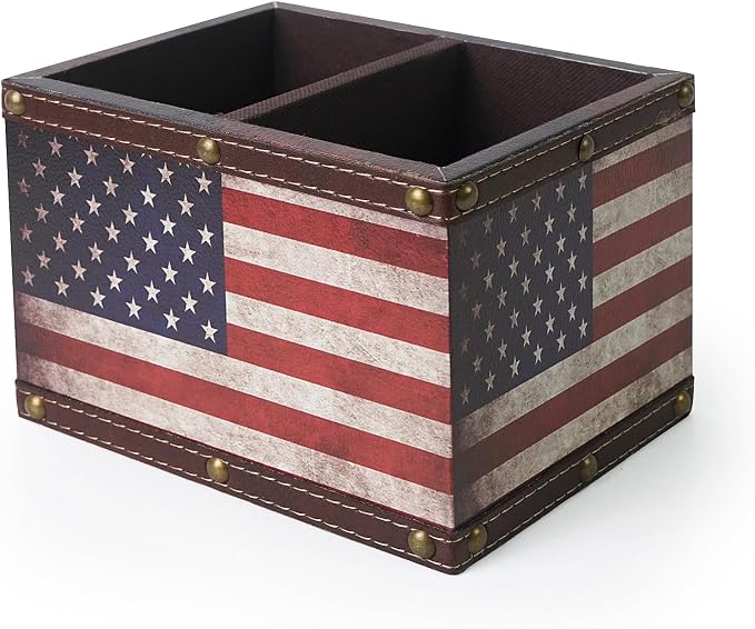 DreamsEden Wooden Remote Control Holder, Leather TV Caddy for Table, Decorative American Flag Organizer Storage Box for Home Office