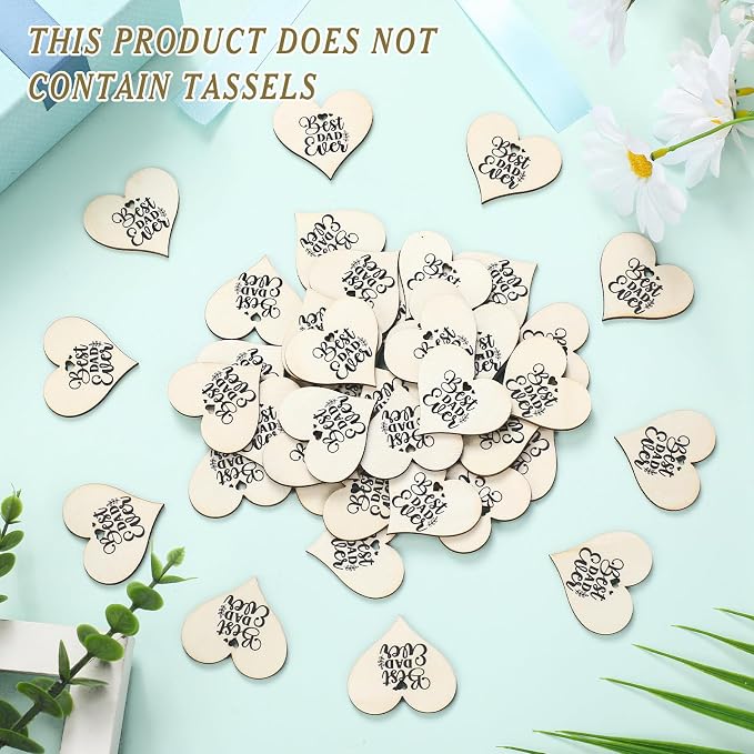 Weysat 48 Pcs Father's Day Crafts Decorations Wooden Heart Shaped Cutouts Best Dad Ever Wooden Ornaments Blank Wood Father's Day Gifts Bulk Tag Keepsake for DIY Dad Birthday Party Hanging Decor