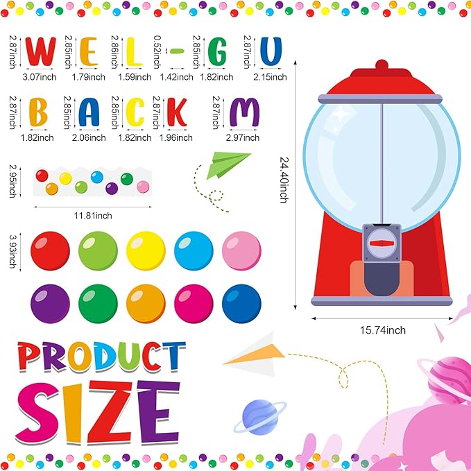 Gilprop 100 Pcs Gumball Machine Bulletin Board Decoration Set Colorful Bubble Gumballs Borders Cutouts for Back to School Classroom Welcome Candy Theme Chalkboard Wall Decor