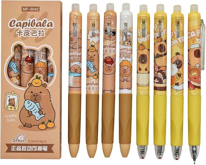12 PCS Novelty Capybara Pens Click Erasable Gel Pen Animal Stationery Writing With Black Ink for Office Journaling Christmas