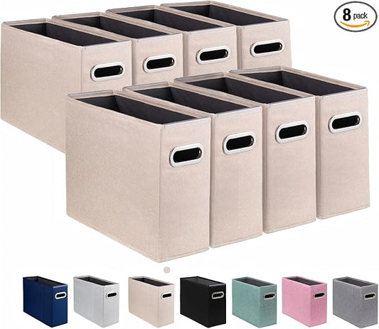 8 Pack Letter Size File Storage Box Collapsible，Fabric Hanging File Folders Organizer, Portable Office Document Holder with Metal Handle, Smooth PVC Rails, Beige