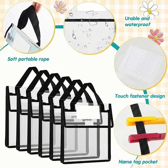 Teling 24 Pack Thick Clear Book Pouches with Blank Name Tags and Handles Book Baggies Bags Bins Organizer for School Classroom Library Pockets Students (10 x 12 Inch,Black)