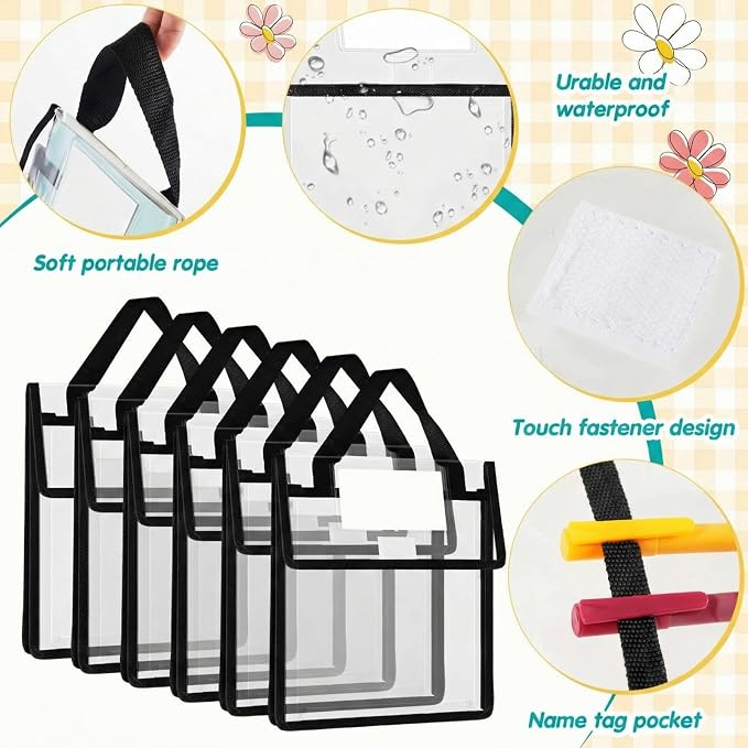 Teling 36 Pack 10 x 12 Inch Clear Book Pouches with Handles and Name Tags, Heavy Duty Reusable Library Book Bags for Classroom, Students Kids and Teacher Supplies (Black)