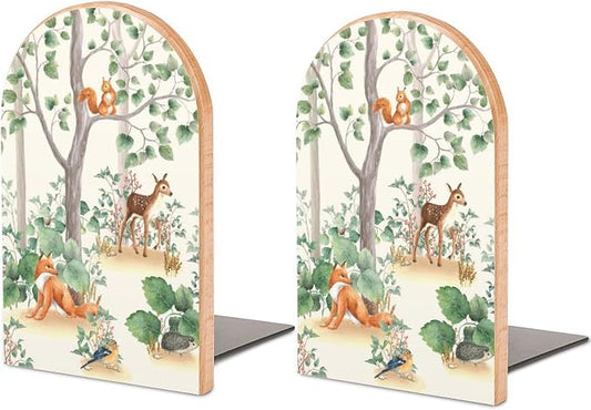 Book Ends Bookends for Shelves to Hold Books Woodland Animals Boho Art Print Small Non-Slip Book Stoppers Wood Decorative Home Office Desk