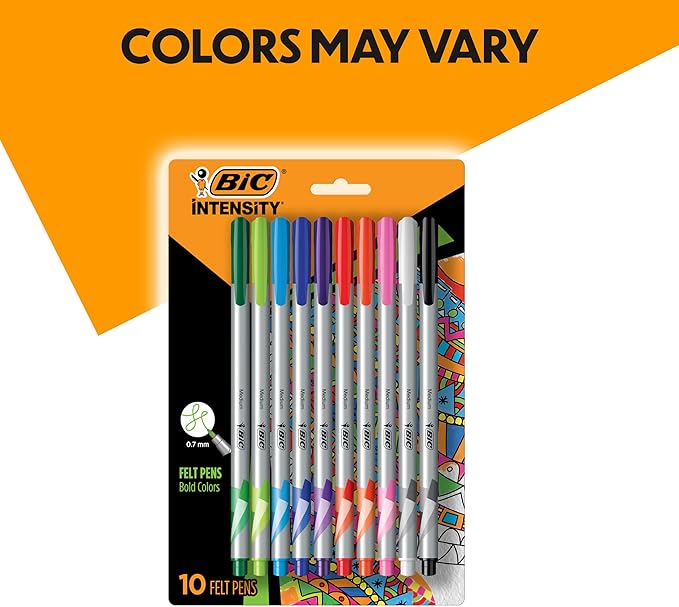 BIC Intensity Fineliner Marker Pens, Medium Point (0.7mm), Assorted Colors, Smooth Application, 10-Count