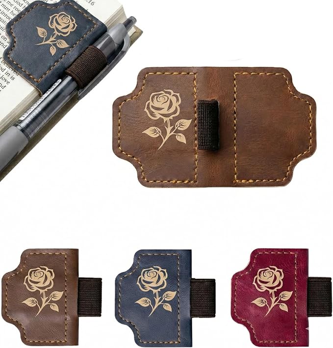Tiizze 3-Pack Magnetic Leather Bookmarks with Integrated Pen Holder - Thin Page Markers for Bible Study, Laser Engraved Religious Christian Gifts for Women & Men, Page-Safe Magnets (Roses)