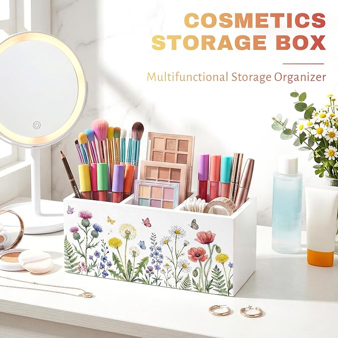 Wildflower Pen Pencil Holder for Office Desk Spring Wildflower Office Decor Wooden Floral Organizer Desktop Decor Gift for Girls Spring Makeup Brush Toothbrush Holder for Bathroom Desk Accessories