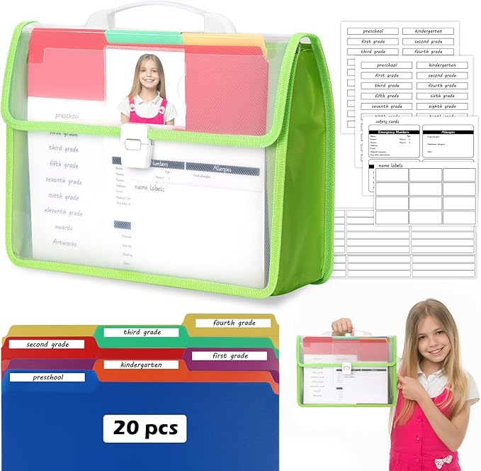 School Years Organizer Kit Clear Plastic Storage Tote with 20 Letter Size Colored Manila Folders 60 Reusable Sticker Labels School Memory Keepsake Box for Pre K to 12th Grade DIY Organization (Green)