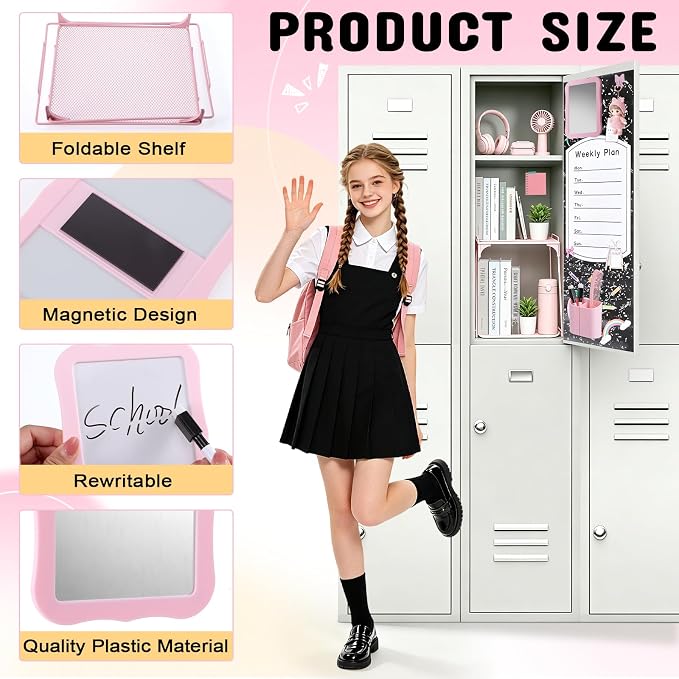 16 Pcs Locker Accessories Kit, School Locker Organizer Set with Shelf, Magnetic Mirror, Pen Holder, Whiteboard Marker, Plush Rug and Wall Decals (Pink)