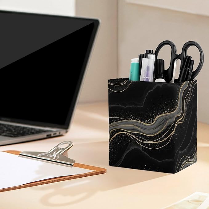 Fashion Pencil Pen Holder Cup, Waterproof Office Supplies, Waterproof Multifunctional Office Supplies Black Marble Gold Line