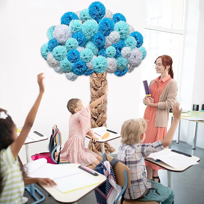 Classroom Tree Bulletin Board Set DIY 3D Cardboard Tree with Paper Pom Poms Kraft Craft Welcome Classroom Bulletin Board for Back to School Nursery Elementary Teacher Chalkboard Wall Decor (Blue)