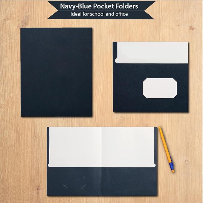 Staples 2‑Pocket Folder, Navy Blue, Letter‑Size Document Folder, Durable Lightweight Paper Folder for School, Office & Home Organization