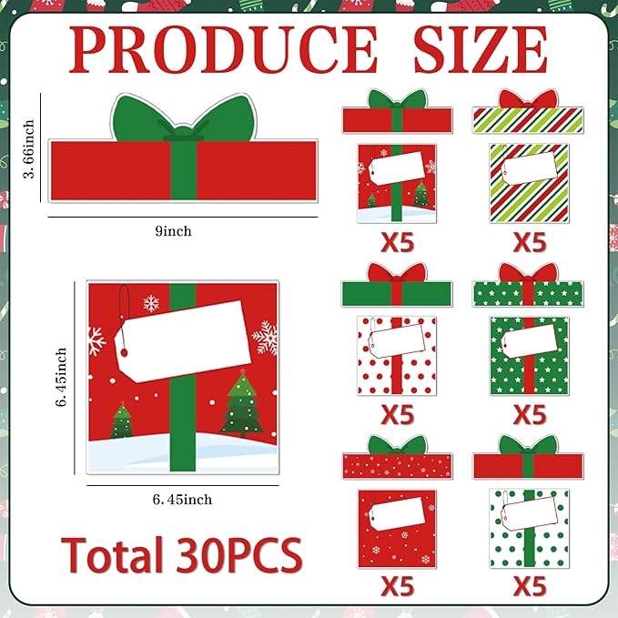 30 Pack Christmas Bulletin Board Decoration Set Gift Boxes Cutouts for Classroom Decorations Name Labels Paper Cutouts for School Home Holiday Chalkboard Wall Door Supplies