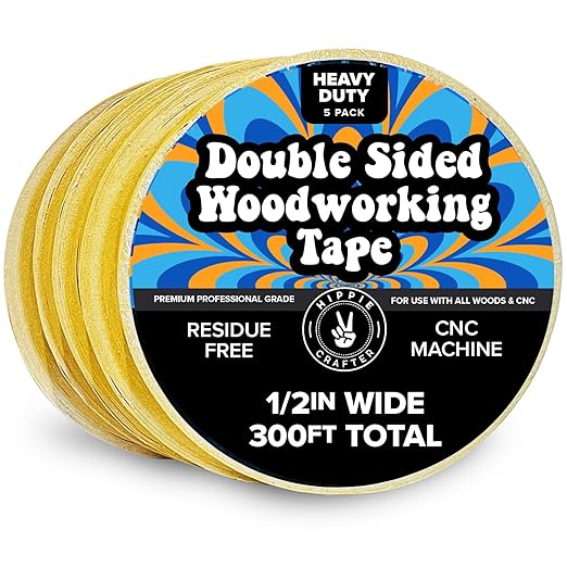 HIPPIE CRAFTER 5 Pack Double Sided Tape for Woodworking, 1/2 Inch Wide Heavy Duty Woodworking Tape for CNC Machines and Routing Templates, 60 Feet Each, 300ft Total