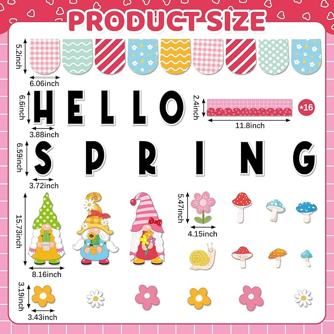 Hello Spring Bulletin Board Set Spring Gnome Classroom Decoration Springtime Gnome Flowers Paper Cutouts for Back to School Home Nursery Chalkboard Wall Decor Springs Theme Party Supplies