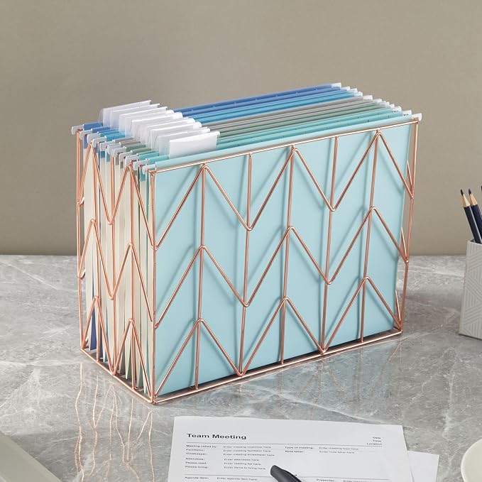 Hanging File Folder Kit Includes 1 Rose Gold Hanging File Desk Organizer and 20 Pack Hanging File Folders Letter Size with 1/5 Cut Tabs Design for School Office Home Supplies, Blue Design