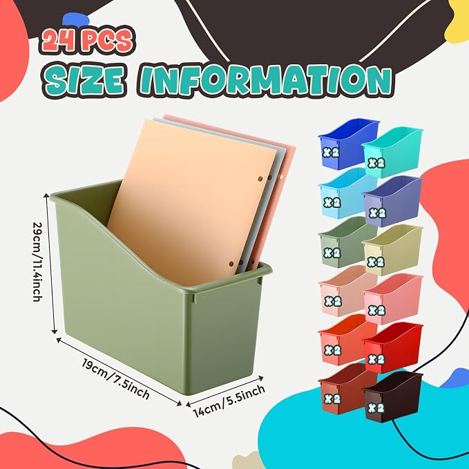 Teling 24 Pcs Plastic Book Bins Bulk for Classroom Interlocking Magazine Holder Organizer Folder Binder Storage Container Box with Name Labels for School Office Home Supply (Retro Earth Tone)