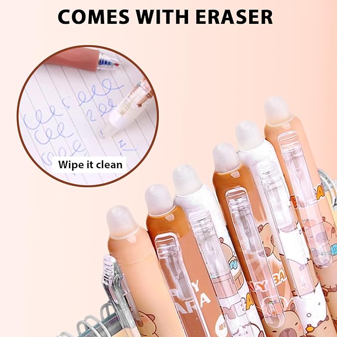 12 PCS Cute Erasable Pens,Capybara Erasable Gel Ink Pens,0.5mm Black Ink - Retractable,Cute Capybara School Supplise,Kawaii Capybara Stationery Set, Perfect for Office, School, Women,Man