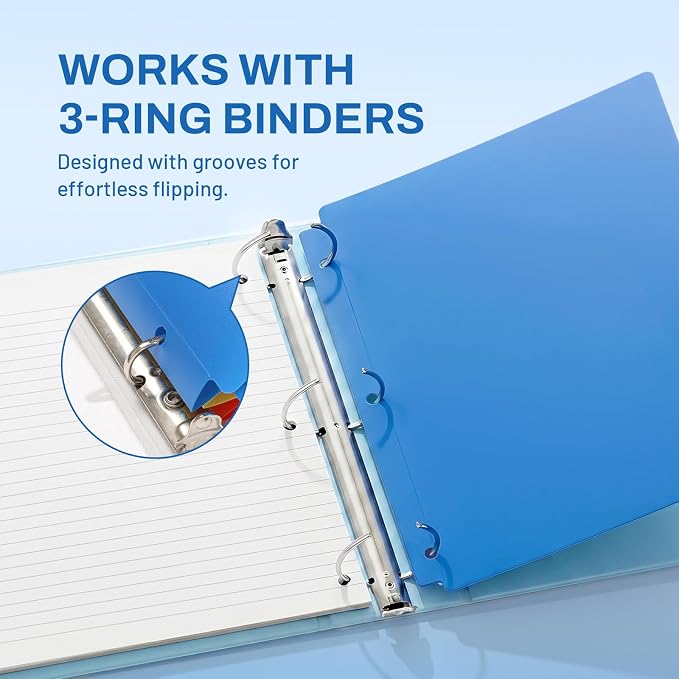 SUNEE 3 Hole Folders with Pockets (12 Pack, Assorted Color), Plastic Folders for 3 Ring Binder, Heavy Duty Binder Folder for Document for School, Students, Teachers, Office Staf