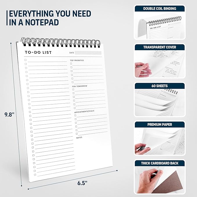 To Do List Notepad: With Multiple Functional Sections - 6.5 x 9.8" 60 Sheets - Spiral Daily Planner Notebook - Task CheckList Organizer Agenda Pad for Work - Note & Todo List Organization Notebooks