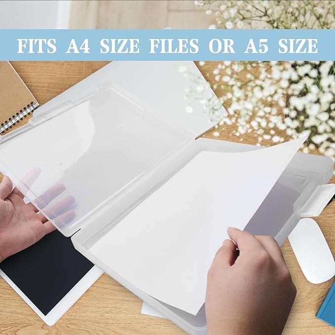 12 Pcs Clear A4 A5 File Box Document Plastic Storage Box with 48 Labels File Holder Organizer Box Paper Plastic Case Magazine Protector with Buckle Office School Supplies(White)
