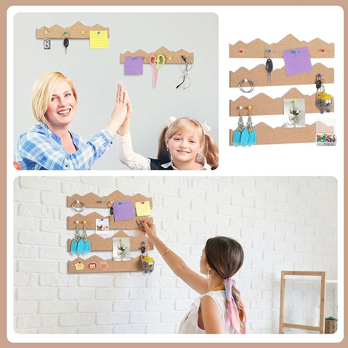 CroBlissful 4 Pcs Cork Strips Bulletin Bar Strip for Wall 12 x 3 Inches Frameless Cork Board Strips with 50 Push Pins, Self Adhesive Backing, for Classroom Office Home Cubicle (Mountain Style)