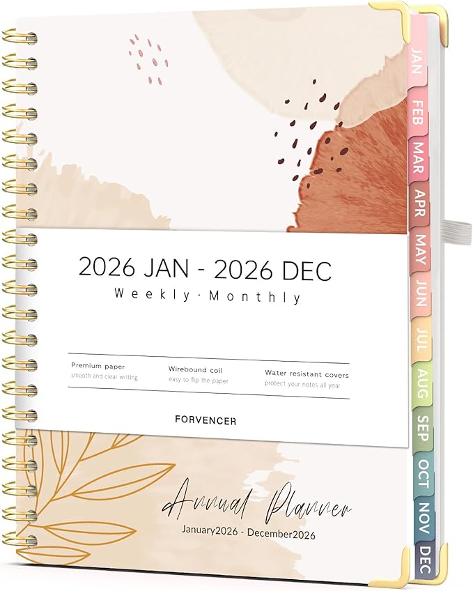 Forvencer 2026 Planner, Weekly and Monthly Calendar Planner for Women, Jan 2026 - Dec 2026, 8.5" x 11", Hardcover Planning Agenda book with Monthly Tabs, Spiral Bound, Inner Pocket, Cute Journal Organizer Notebook for Office School, A4 Size, Brown